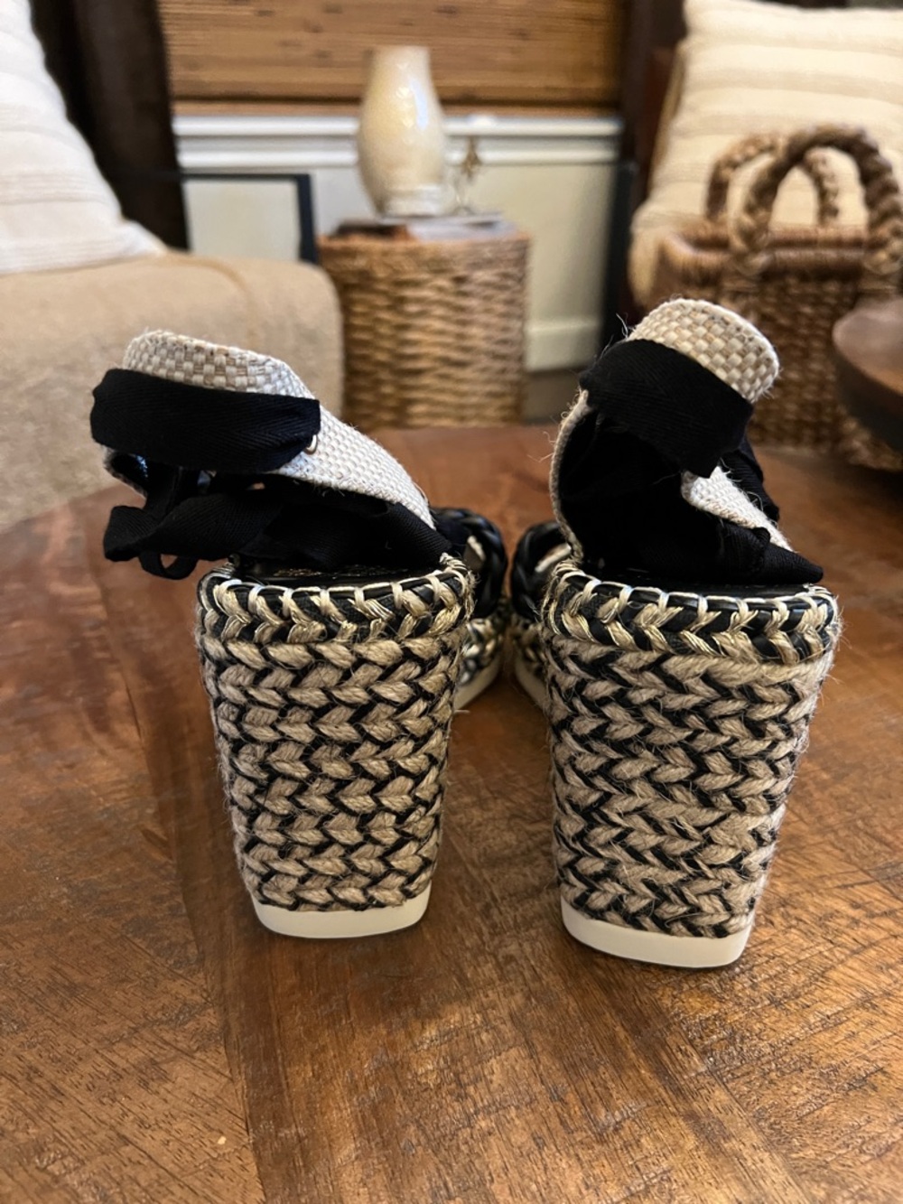 Vince Camuto Black and Cream Woven Espadrille Wedge Sandals with Ankle Ties - Picture 3 of 5